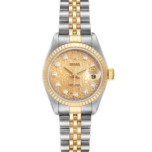 The Rolex Datejust 79173 Women's Steel and Gold (two tone) Champagne Dial 79173 Women's Steel and Gold (two tone) Champagne Dial watch is shown from a front angle displaying the face, bezel, crown, and part of the two-tone bracelet.