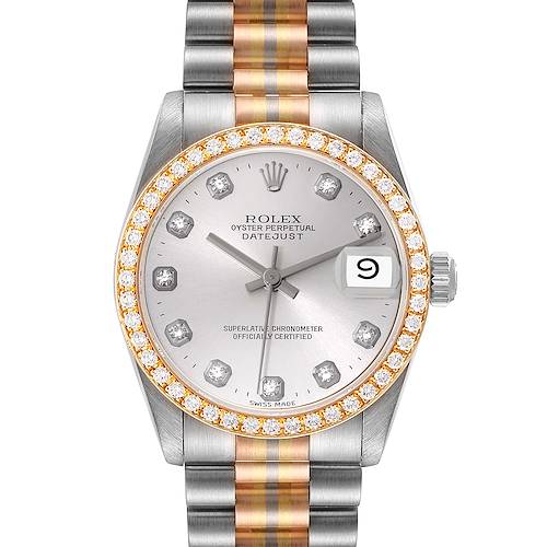 The image shows a front view of the Rolex President 68289 Women's White Gold Silver Dial 68289 Women's White Gold Silver Dial Model watch displaying its dial, date, and bracelet.