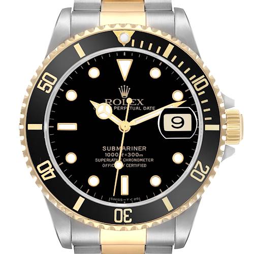The Rolex Submariner 16613 Men's Steel and Gold (two tone) Black Dial watch is shown from a front angle, highlighting the bezel, dial, and part of the bracelet.