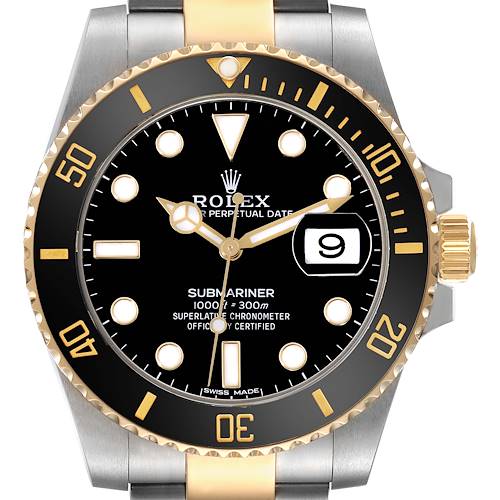 This image shows a front-angle view of a Rolex Submariner 116613 Men's Steel and Gold (two tone) Black Dial 116613 Men's Steel and Gold (two tone) Black Dial watch, highlighting the dial, bezel, and bracelet.
