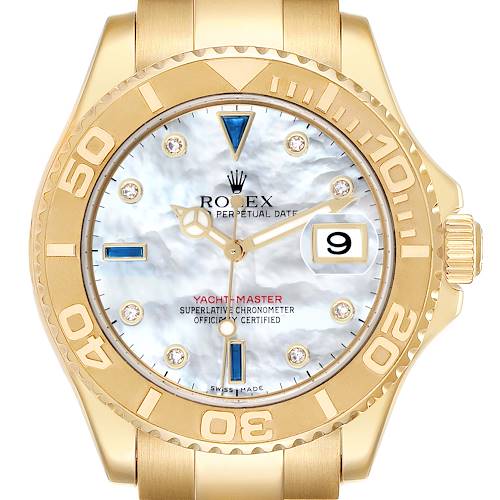 The image shows a frontal view of the Rolex Yacht-Master 16628B Men's Yellow Gold Mother of Pearl Dial watch face, bezel, crown, and part of the bracelet.