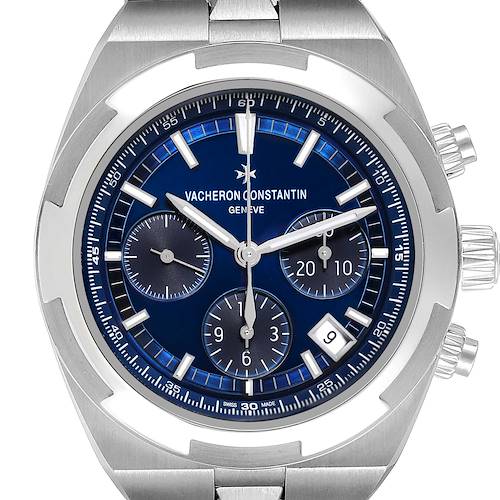 The Vacheron Constantin Overseas 5500V Men's Stainless Steel Blue Dial watch is shown from the front, highlighting the blue dial, subdials, date window, and metal case.