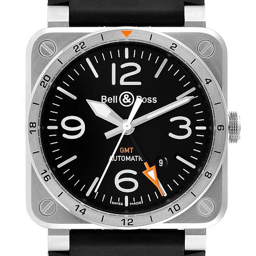 This image shows the front dial of the Bell & Ross Aviation GMT Black Dial Steel Mens Watch BR0393 model.