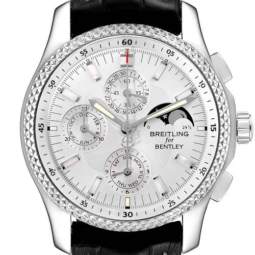 The image shows a front view of the Breitling Bentley P19362 Men's Stainless Steel Mother of Pearl Dial P19362 Men's Stainless Steel Mother of Pearl Dial model watch, displaying its dial, subdials, and bezel.