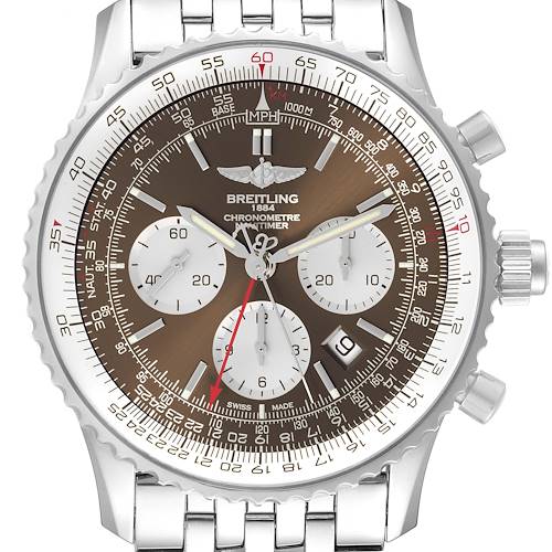 This image shows a close-up of the Breitling Navitimer AB031021/Q615 Men's Stainless Steel Brown Dial AB031021/Q615 Men's Stainless Steel Brown Dial watch face and stainless steel bracelet, displaying its dials and bezel.