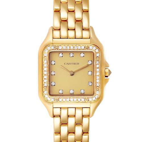 The image shows a frontal view of a Cartier Panthere 883969 Women's Yellow Gold Champagne Dial 883969 Women's Yellow Gold Champagne Dial watch, highlighting the face, bezel, and part of the bracelet.