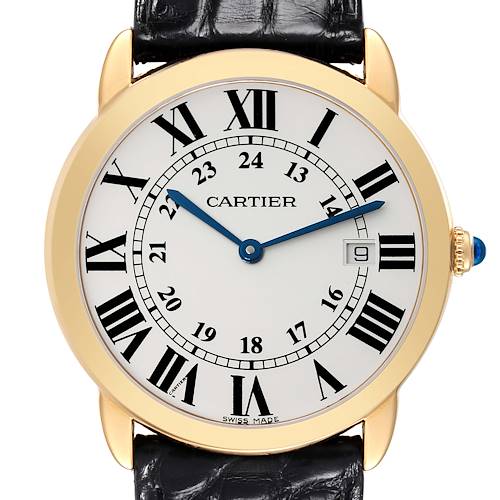 The image shows a front view of the Cartier Ronde W6700455 Men's Steel and Gold (two tone) Silver Dial W6700455 Men's Steel and Gold (two tone) Silver Dial model watch, highlighting its gold case, Roman numerals, and black leather strap.