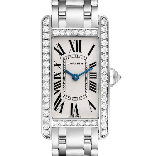 This image shows a top-down view of a Cartier Tank Americaine WB7073L1 Women's White Gold Silver Dial WB7073L1 Women's White Gold Silver Dial watch, highlighting its rectangular face, diamond bezel, and stainless steel bracelet.