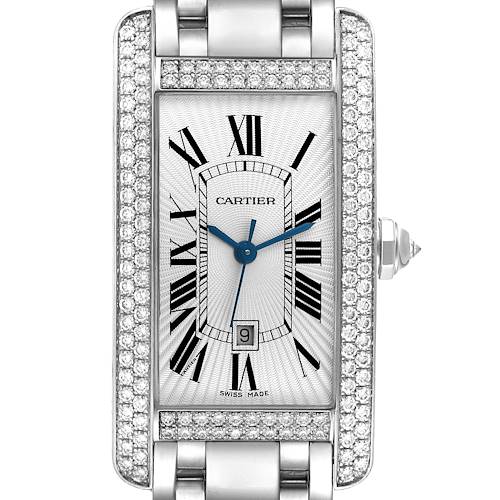 The image shows a frontal view of the Cartier Tank Americaine WB7045L1 Men's White Gold Silver Dial WB7045L1 Men's White Gold Silver Dial watch, displaying the dial, bezel, and part of the bracelet.