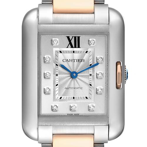 The image shows a front view of the Cartier Tank Anglaise WT100025 Women's Steel and Gold (two tone) Silver Dial WT100025 Women's Steel and Gold (two tone) Silver Dial watch, displaying its face and part of the bracelet.