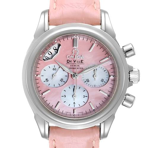 The image shows a front view of the Omega 4877.60.37 Women's Stainless Steel Mother of Pearl Dial 4877.60.37 Women's Stainless Steel Mother of Pearl Dial DeVille Pink Mother of Pearl Dial Steel Ladies Watch, model 4877.60.37, including its pink strap.