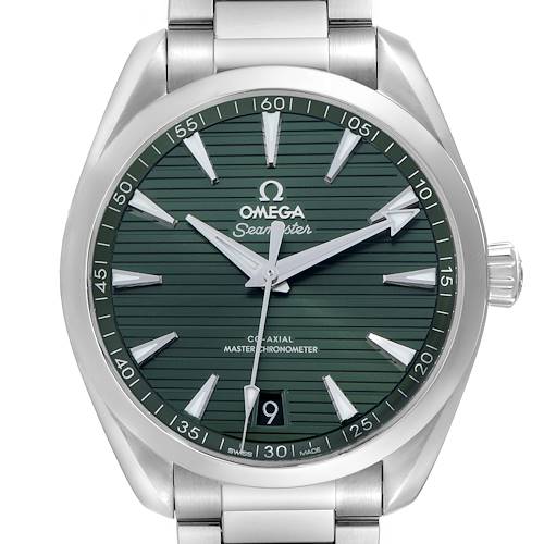 The Omega Aqua Terra 220.10.41.21.10.001 Men's Stainless Steel Green Dial watch is shown from a front angle, displaying the dial, hands, crown, and part of the bracelet.