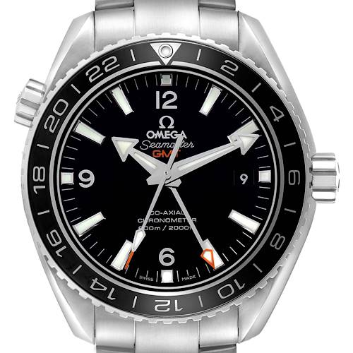 The Omega Planet Ocean 232.30.44.22.01.001 Men's Stainless Steel Black Dial watch is shown from a top-down angle, highlighting the dial, hands, and bezel.