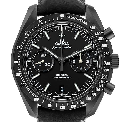 The Omega Speedmaster O311.92.44.51.01.003 Men's Ceramic Black Dial watch is shown from a front angle, displaying its dial, tachymeter bezel, and side buttons.