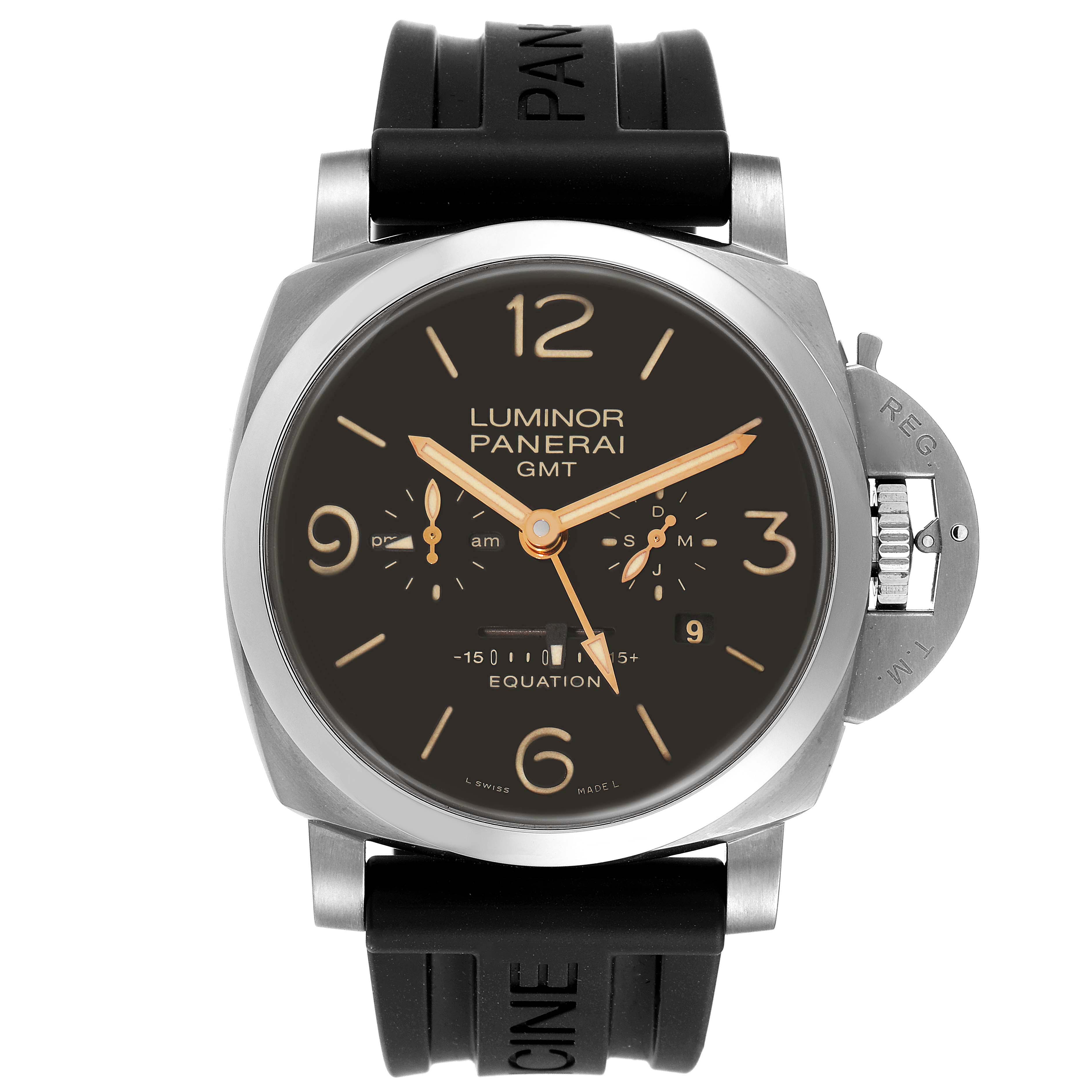 The image shows a front view of a Luminor model by Panerai, displaying its watch face, bezel, strap, and crown guard.