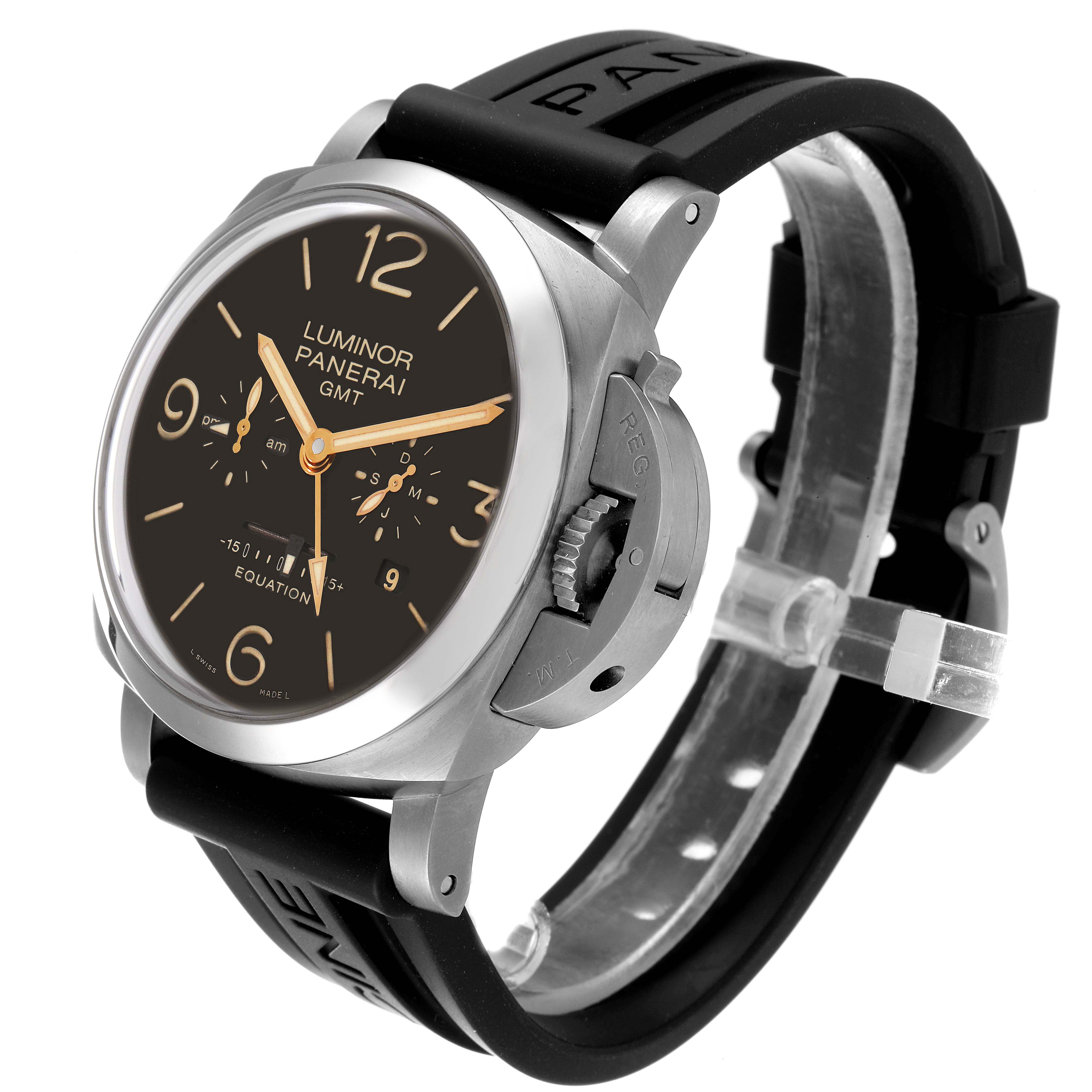 The image shows a Panerai Luminor PAM00656 Men's Titanium Brown Dial PAM00656 Men's Titanium Brown Dial GMT watch from an angled view, highlighting the face, casing, and strap.