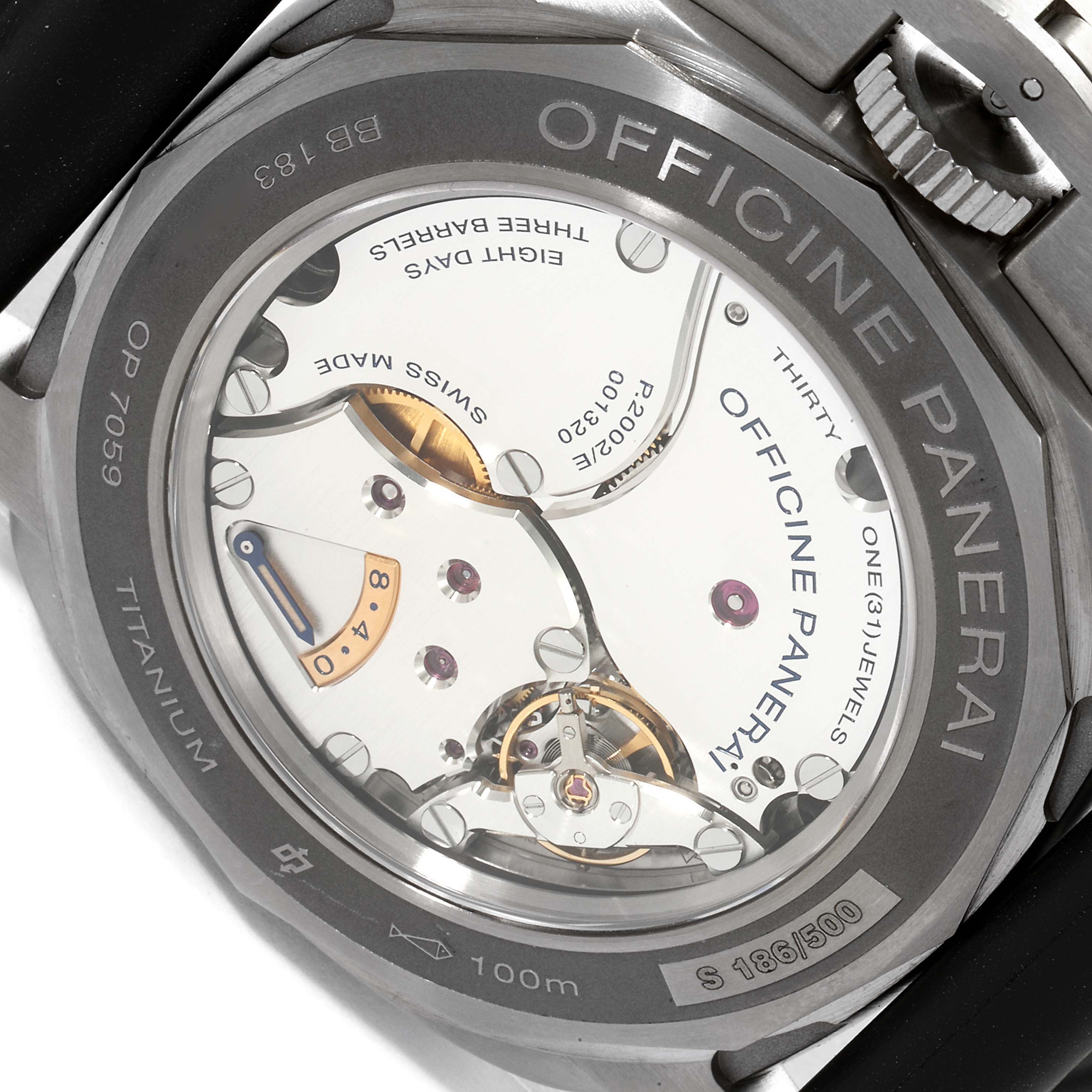 The image shows the back view of a Panerai Luminor PAM00656 Men's Titanium Brown Dial PAM00656 Men's Titanium Brown Dial watch, highlighting its intricate movement mechanism.