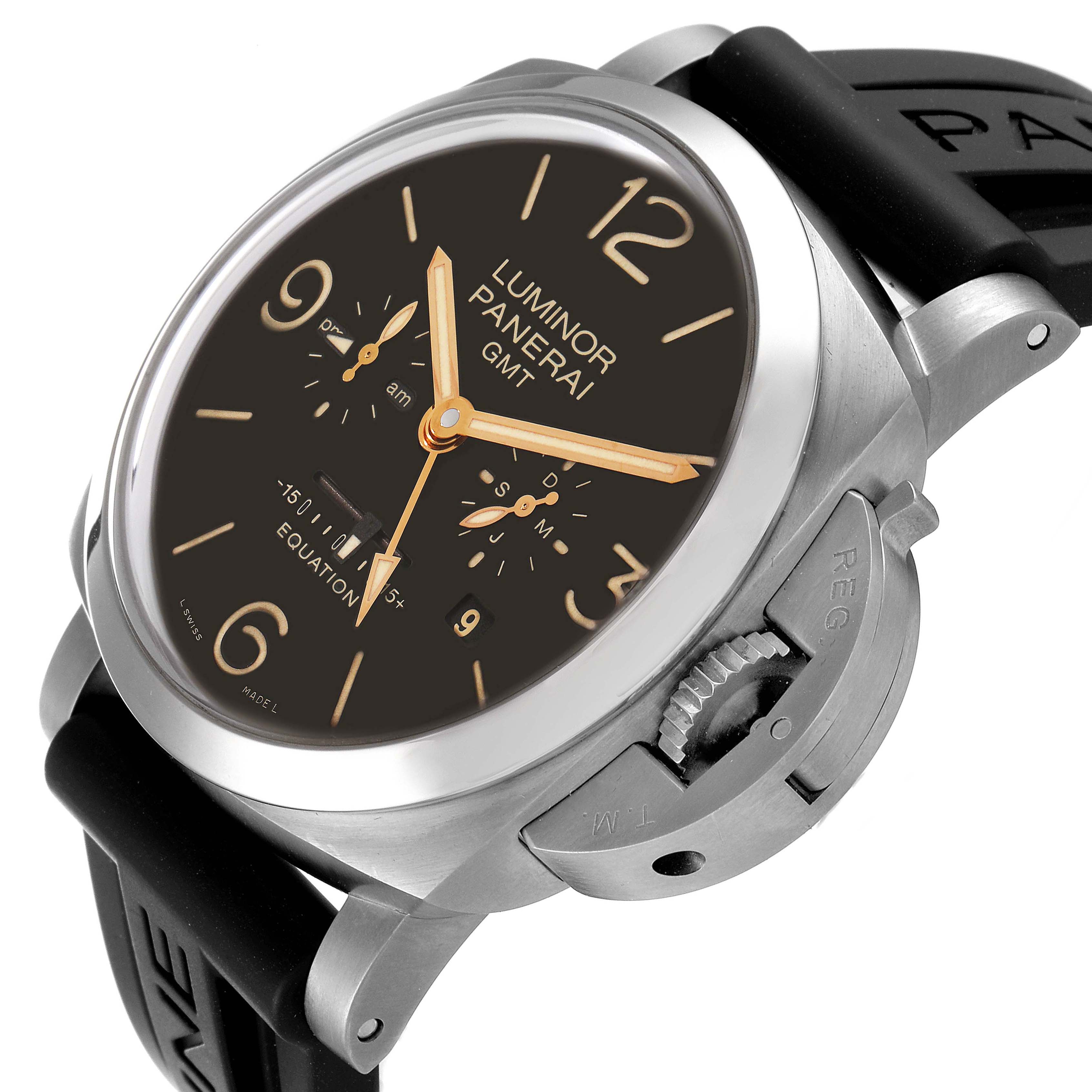 This image shows a Panerai Luminor PAM00656 Men's Titanium Brown Dial PAM00656 Men's Titanium Brown Dial watch at an angled, close-up view, highlighting its dial, crown, and black strap.