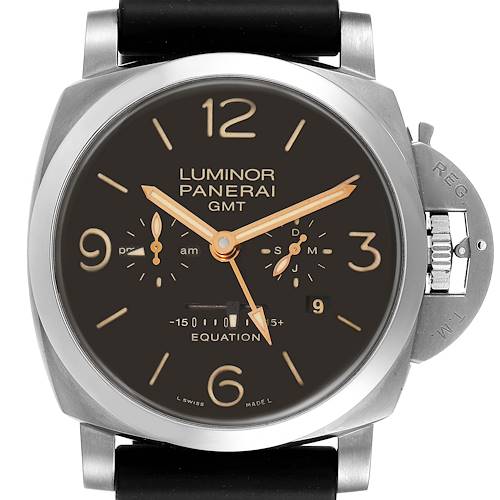 This image shows a front view of the Panerai Luminor PAM00656 Men's Titanium Brown Dial PAM00656 Men's Titanium Brown Dial GMT watch, highlighting its dial and crown guard.