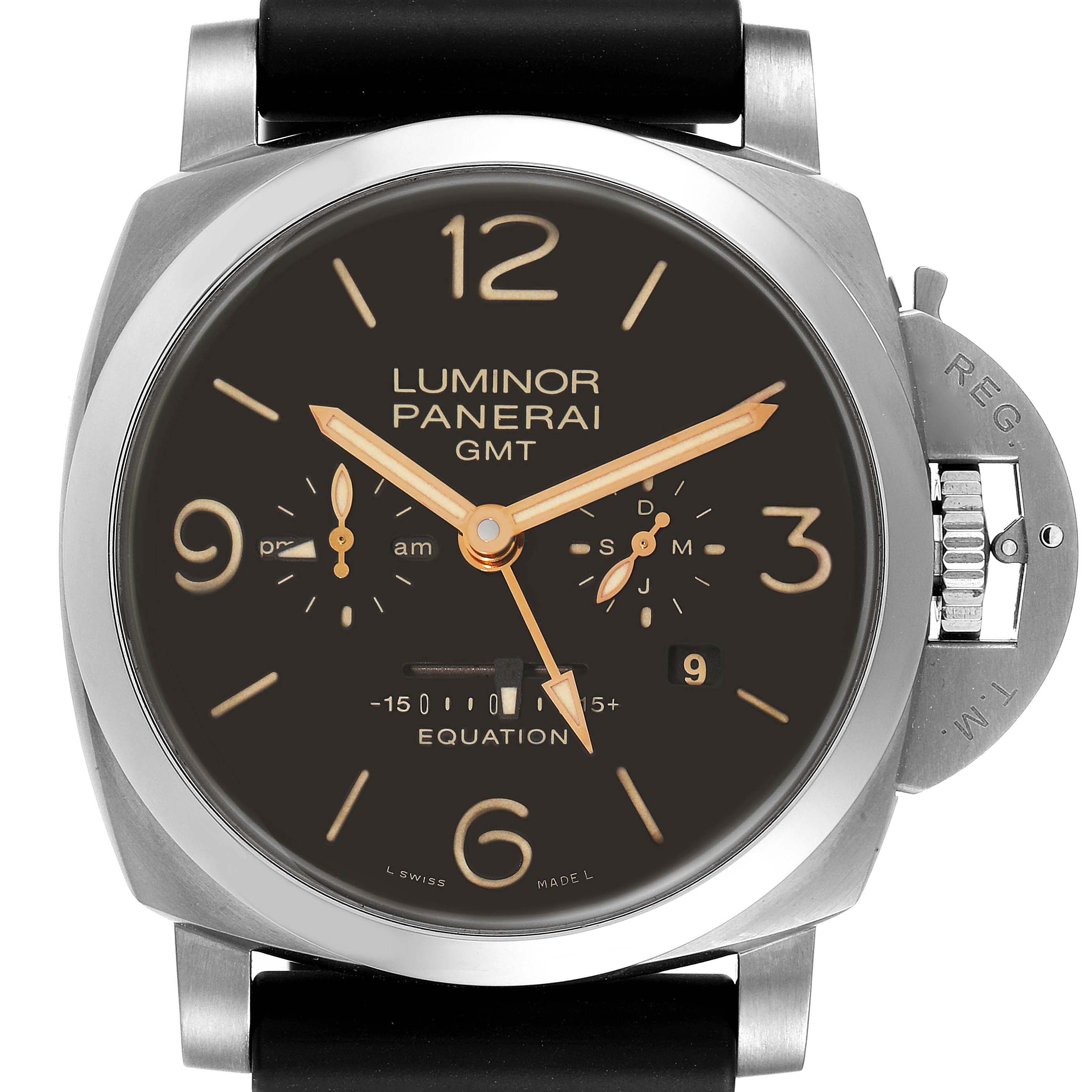 The image shows a front view of a Panerai Luminor PAM00656 Men's Titanium Brown Dial PAM00656 Men's Titanium Brown Dial GMT watch with its crown guard and black dial visible.