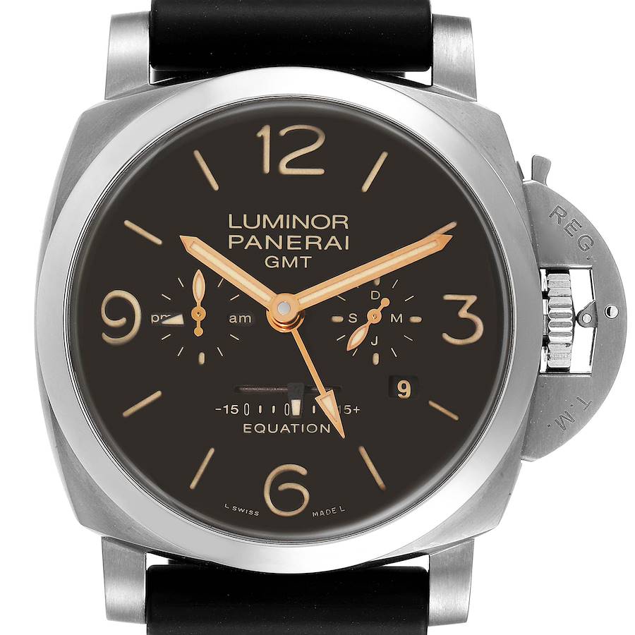 The image shows a front view of a Panerai Luminor PAM00656 Men's Titanium Brown Dial PAM00656 Men's Titanium Brown Dial GMT watch with its crown guard and black dial visible.