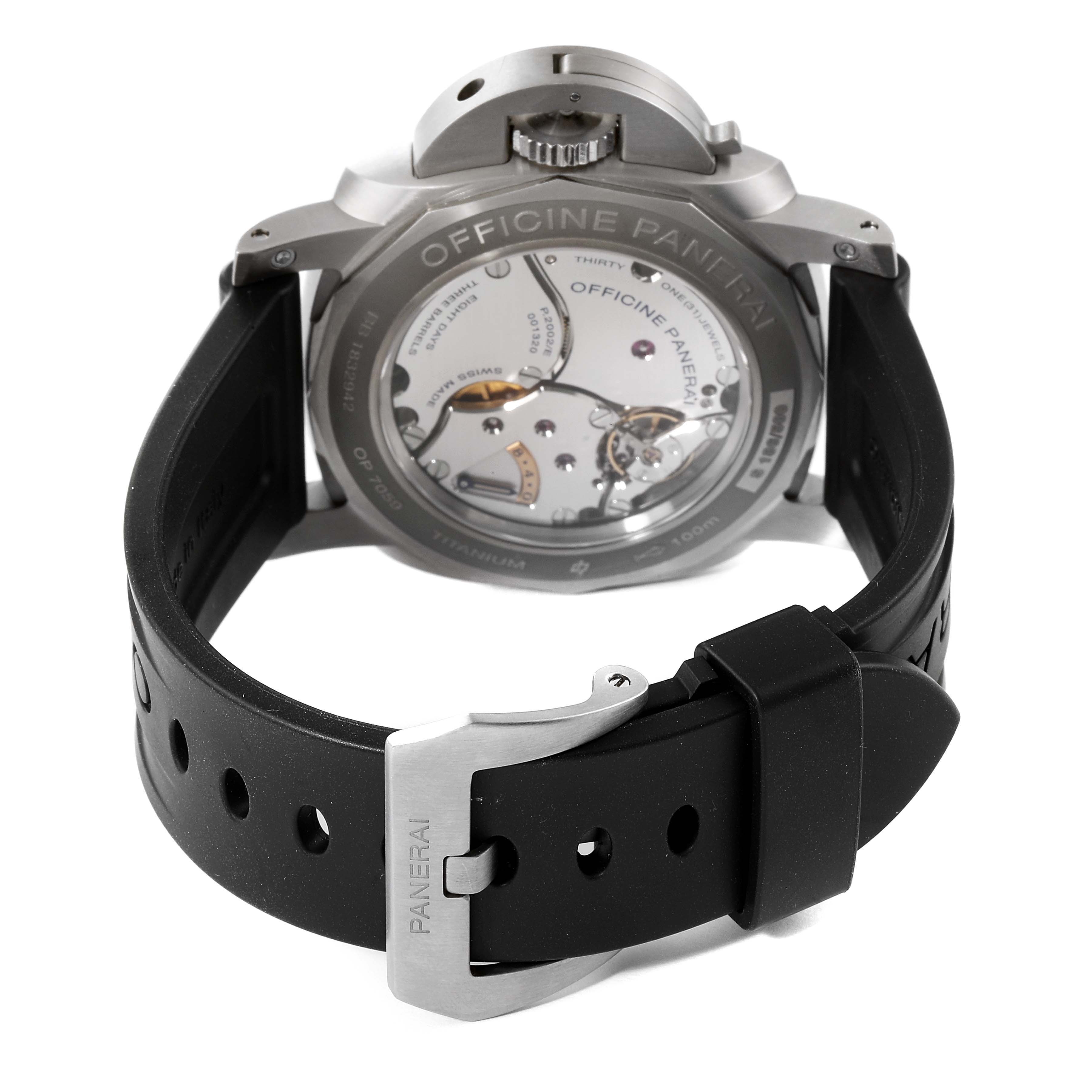 This image shows the back view of a Panerai Luminor PAM00656 Men's Titanium Brown Dial PAM00656 Men's Titanium Brown Dial watch, highlighting the movement, strap, buckle, and crown guard.