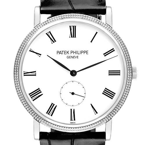 The Patek Philippe Calatrava 5119G-001 Men's White Gold White Dial watch is shown from the front, displaying the dial, bezel, crown, and part of the black strap.