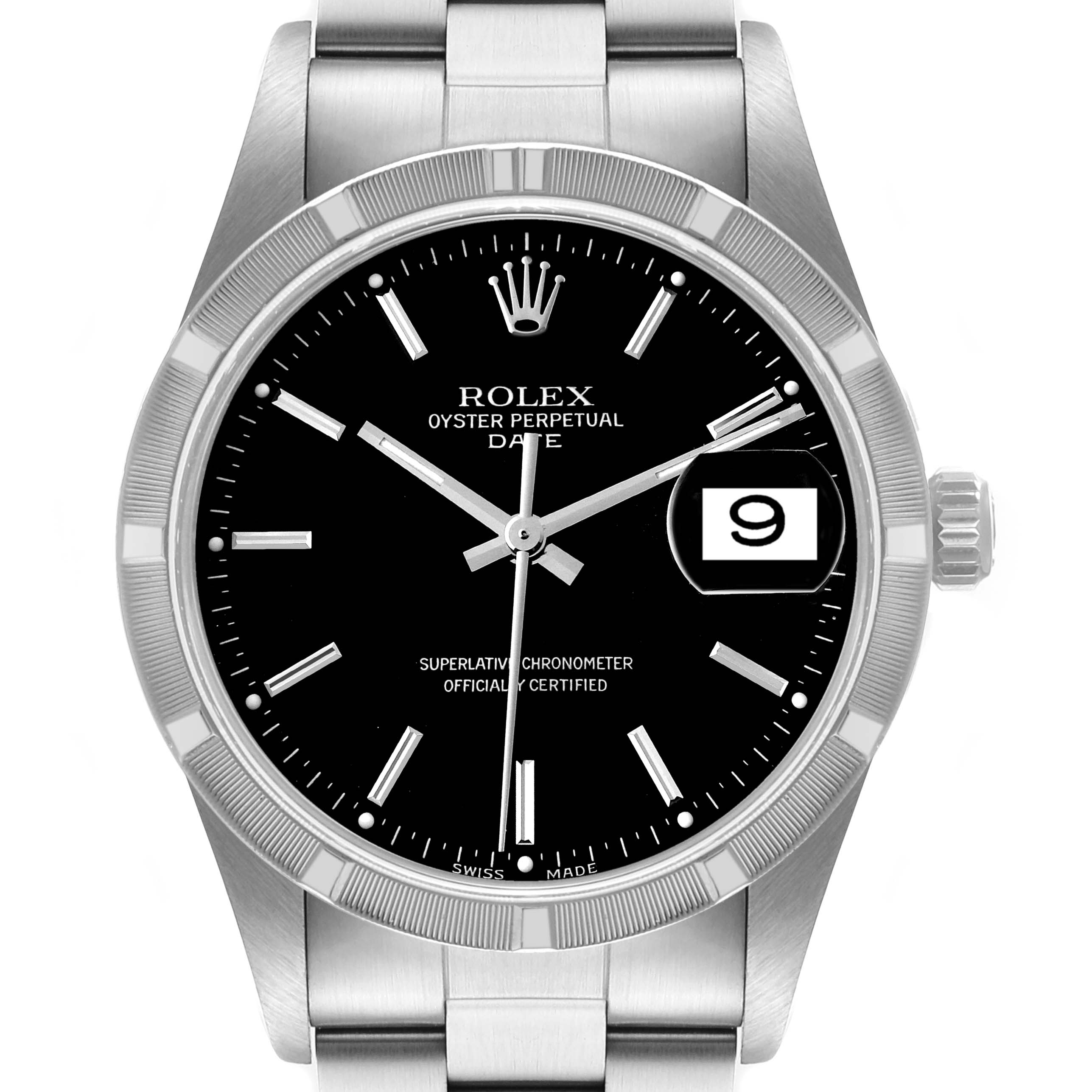 This Rolex Date 15210 Men's Stainless Steel Black Dial 15210 Men's Stainless Steel Black Dial model watch is shown from the front angle, displaying its dial, bezel, crown, and part of the bracelet.