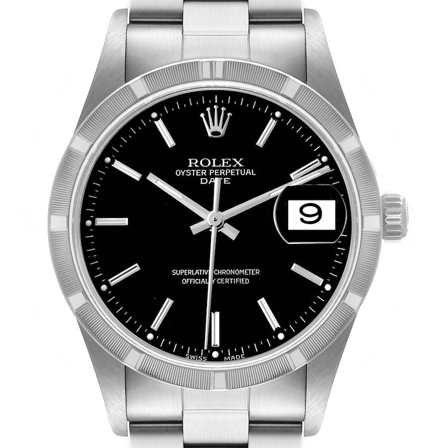 This Rolex Date 15210 Men's Stainless Steel Black Dial 15210 Men's Stainless Steel Black Dial model watch is shown from the front angle, displaying its dial, bezel, crown, and part of the bracelet.