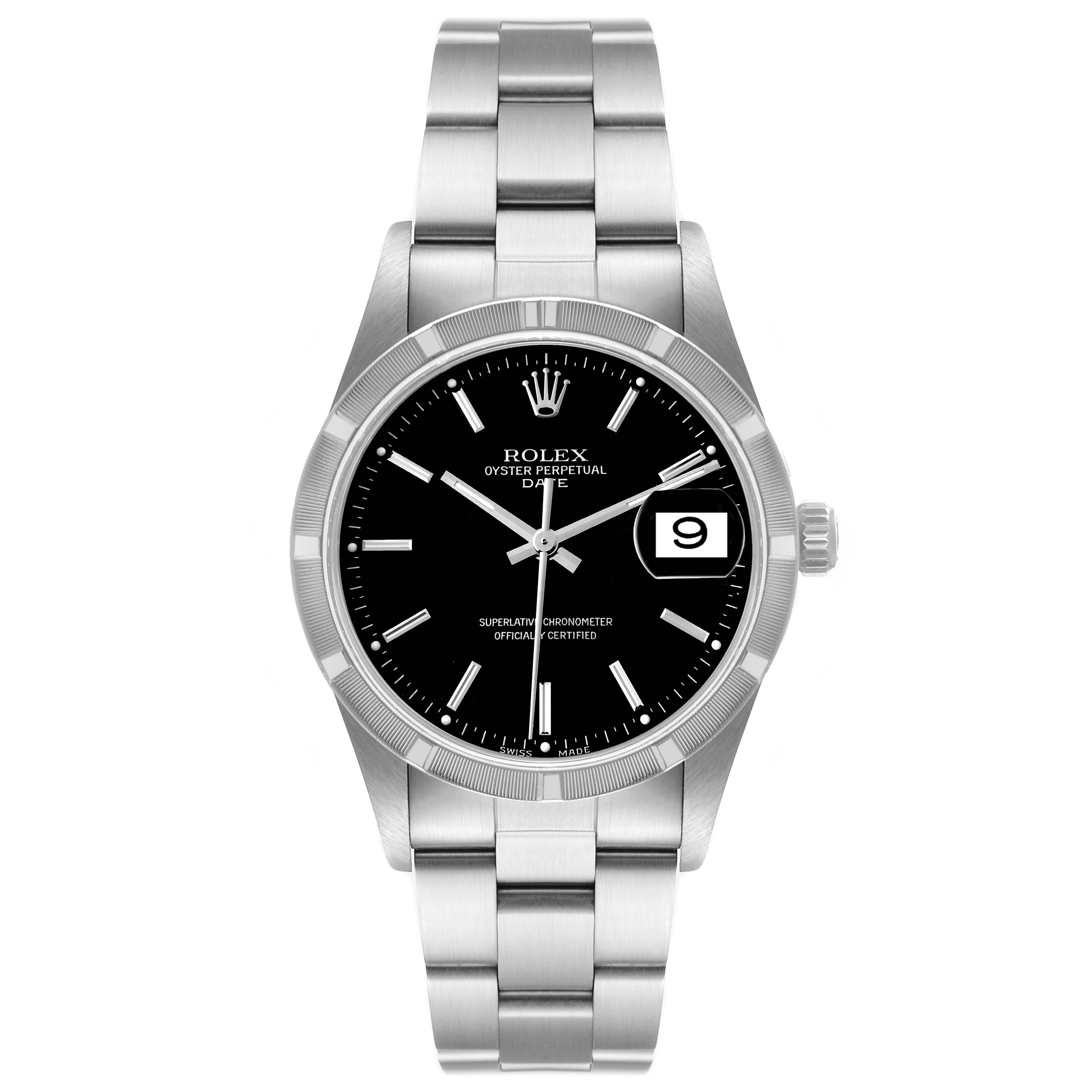 This image shows the front view of a Rolex Date 15210 Men's Stainless Steel Black Dial 15210 Men's Stainless Steel Black Dial model watch, displaying its bracelet, dial, hands, and date window.
