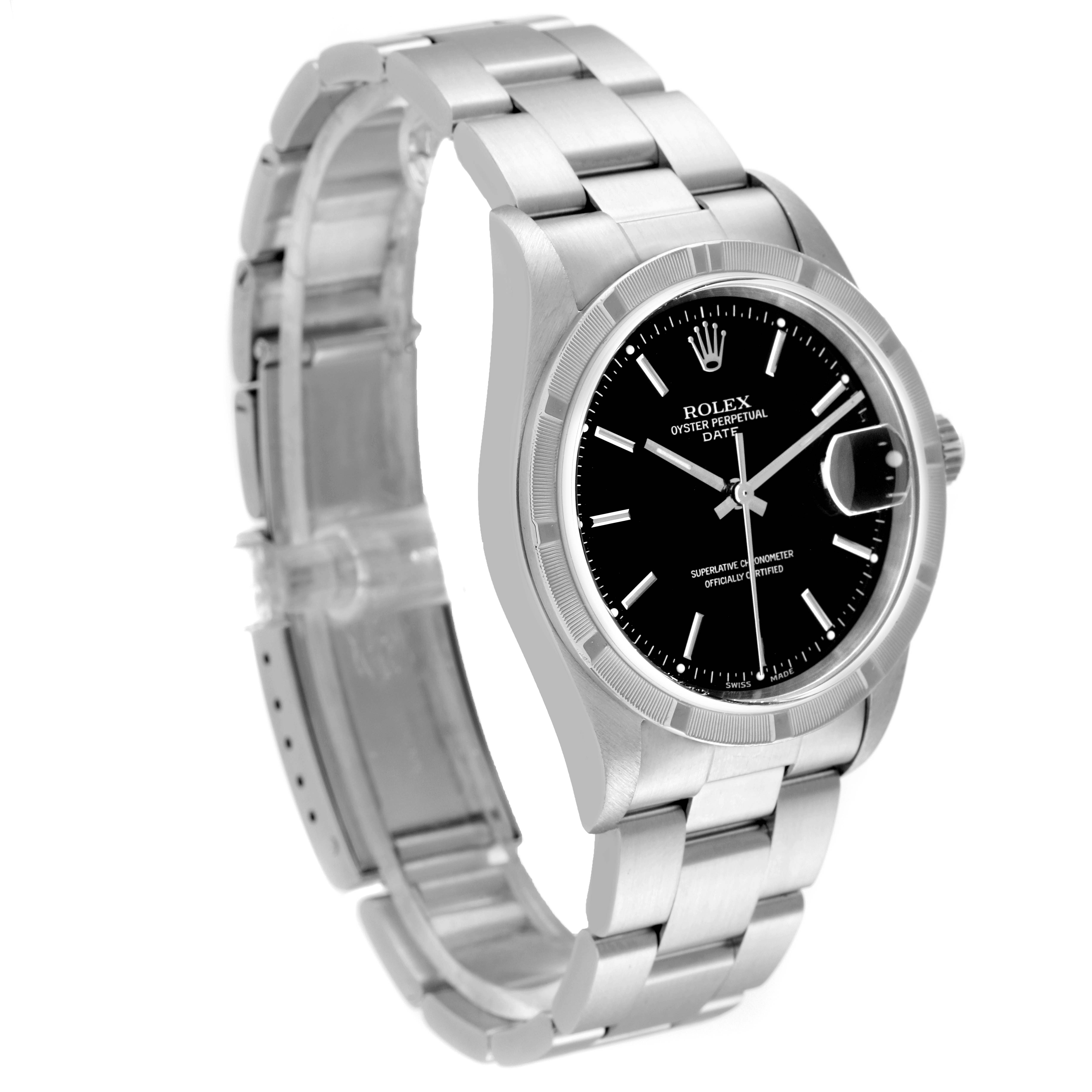 This image shows a Rolex Date 15210 Men's Stainless Steel Black Dial 15210 Men's Stainless Steel Black Dial model watch from an oblique angle, revealing the face, bezel, crown, and bracelet.