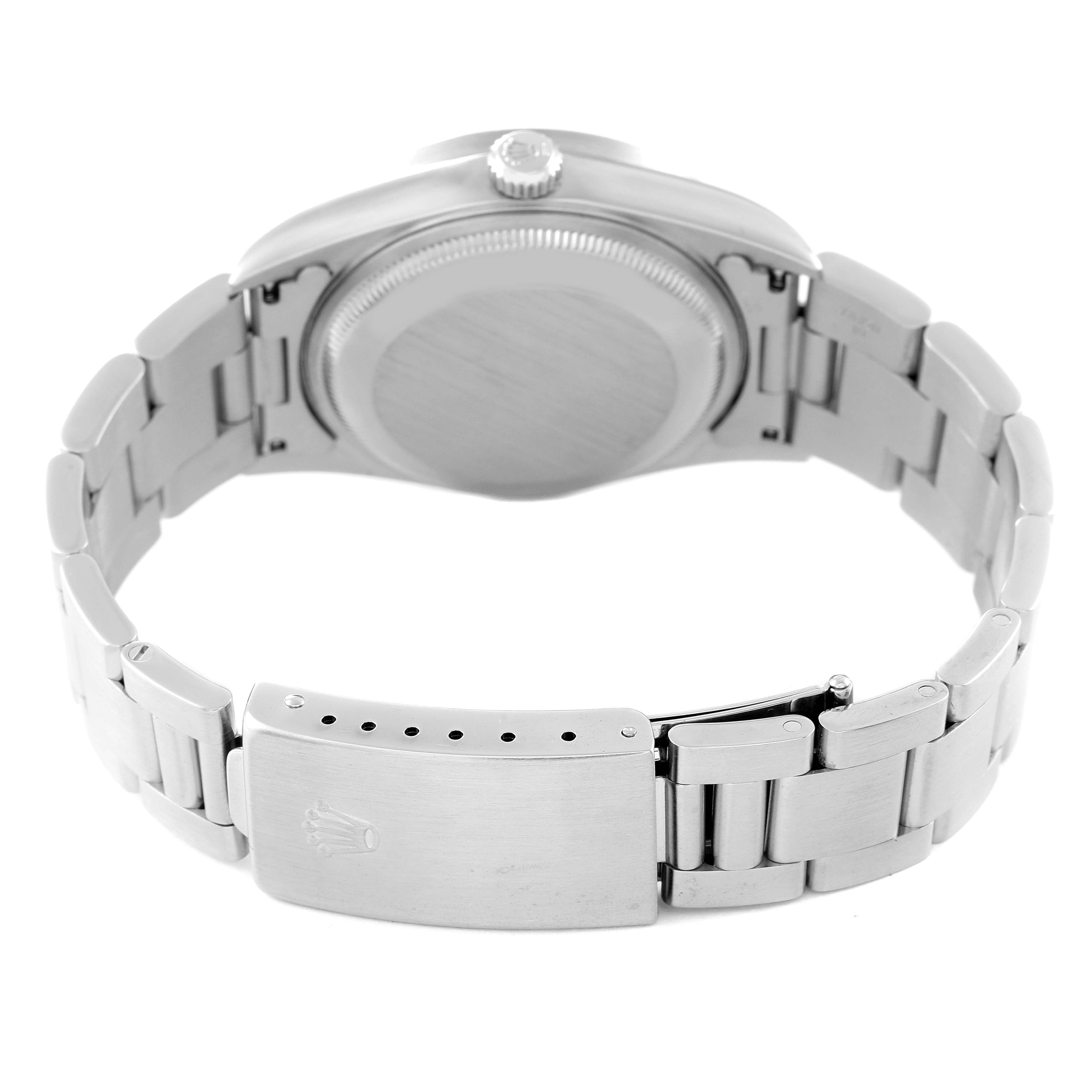 The image shows the back and bracelet clasp of a Rolex Date 15210 Men's Stainless Steel Black Dial 15210 Men's Stainless Steel Black Dial model watch from a rear angle.