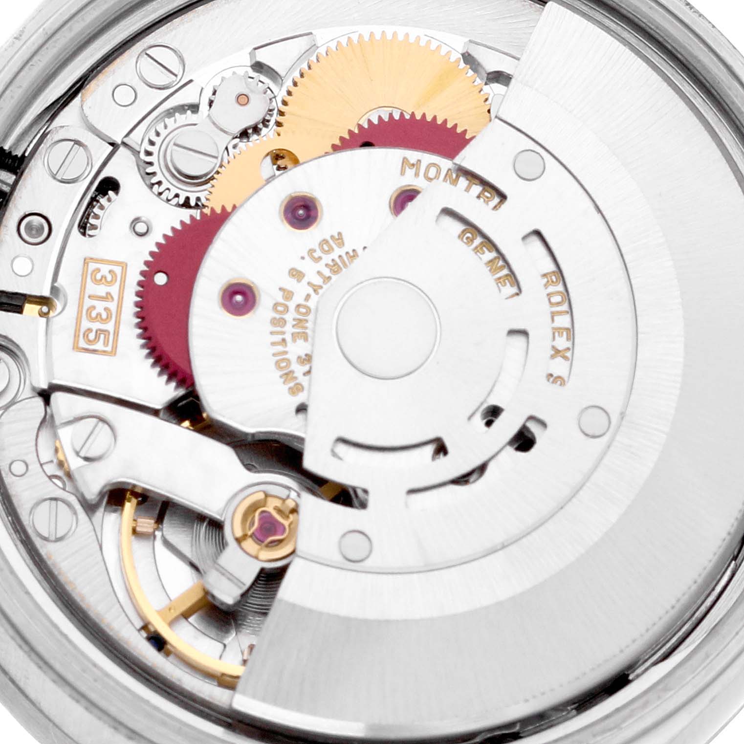 This image shows the inner mechanical movement of a Rolex Date 15210 Men's Stainless Steel Black Dial 15210 Men's Stainless Steel Black Dial model watch, including gears and the oscillating weight.