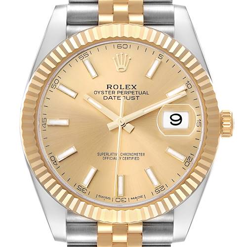 This image shows a front view of the Rolex Datejust 41 126333 Men's Steel and Gold (two tone) Champagne Dial, highlighting the face, fluted bezel, and part of the two-tone bracelet.