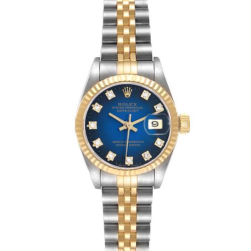 The Rolex Datejust 69173 Women's Steel and Gold (two tone) Blue Dial watch is shown from the front, displaying the face, bezel, crown, and bracelet clearly.
