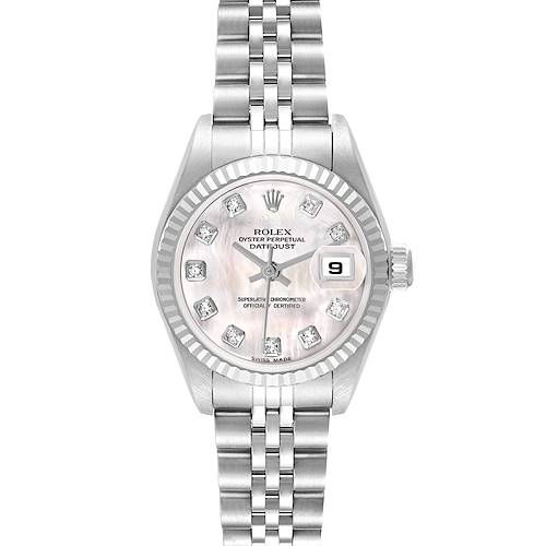 The image shows a Rolex Datejust 79174 Women's Stainless Steel Mother of Pearl Dial watch from a top-down angle, highlighting the dial, bezel, indices, hands, bracelet, and date window.