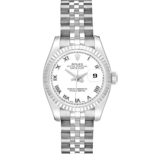 The Rolex Datejust 179174 Women's Stainless Steel White Dial watch is shown from a top-down angle, displaying the dial, fluted bezel, bracelet, and date window.