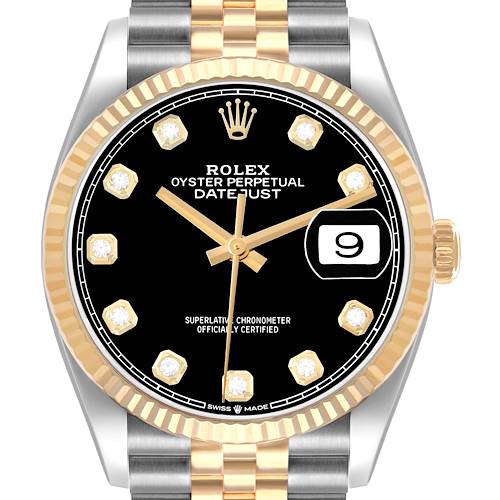 The Rolex Datejust 126233 Men's Steel and Gold (two tone) Black Dial watch is shown from the front, highlighting its black dial, gold fluted bezel, and two-tone bracelet.