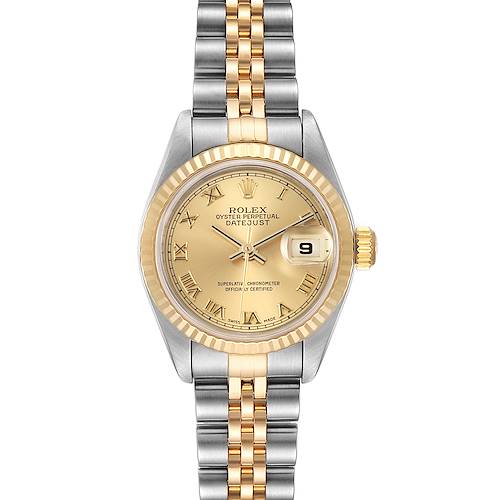 The image shows a front view of a Rolex Datejust 69173 Women's Steel and Gold (two tone) Champagne Dial 69173 Women's Steel and Gold (two tone) Champagne Dial watch, displaying its dial, bezel, and two-tone bracelet.