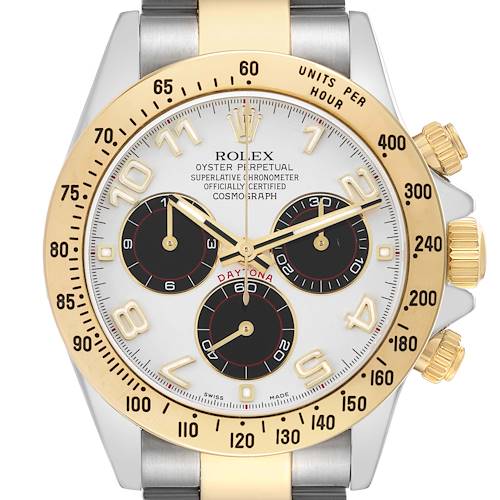 The Rolex Daytona 116523 Men's Steel and Gold (two tone) Beige Dial watch is shown from a front angle, highlighting its face, bezel, subdials, and crown.