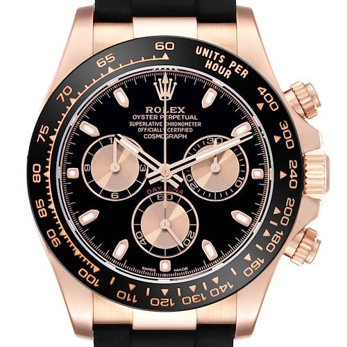 The Rolex Daytona 116515 Men's Rose Gold Black Dial watch is shown from the front, highlighting the dial, bezel, subdials, and crown.