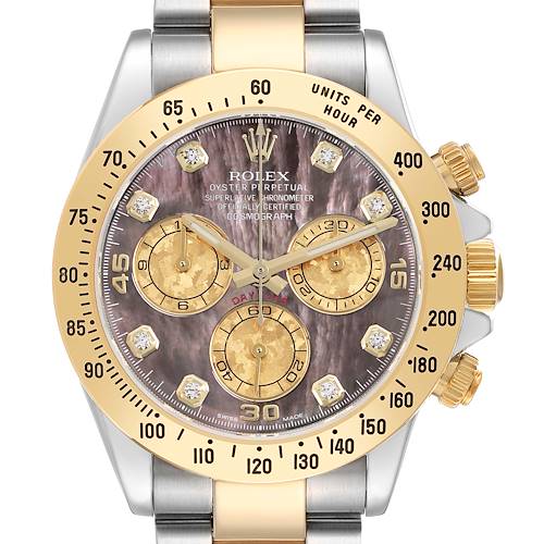 The Rolex Daytona 116523 Men's Steel and Gold (two tone) Mother of Pearl Dial watch is shown from the front, highlighting the dial, bezel, and partial bracelet.