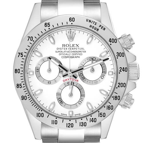 The Rolex Daytona 116520 Men's Stainless Steel White Dial watch is shown from the front, displaying the dial, bezel, and pushers.
