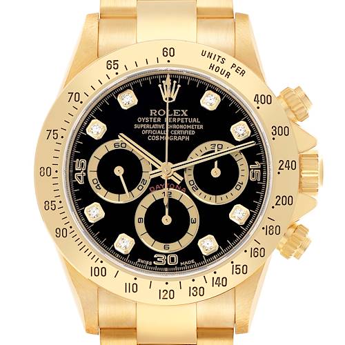 The Rolex Daytona 16528 Men's Yellow Gold Black Dial watch is shown from a front angle, highlighting the dial, bezel, and chronograph sub-dials.