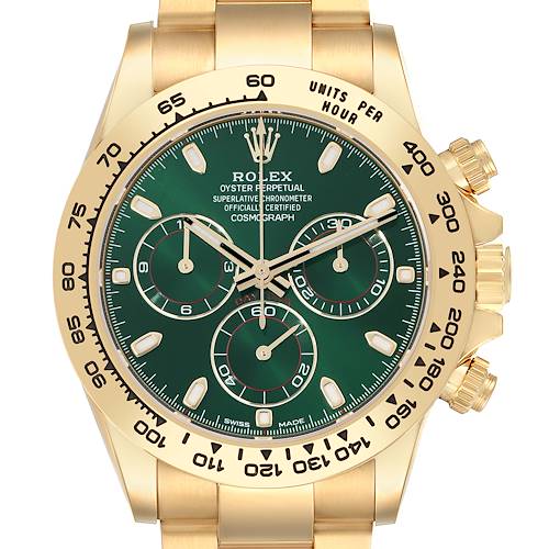 The image shows a Rolex Daytona 116508 Men's Yellow Gold Green Dial watch front-facing, highlighting the green dial, subdials, and gold bezel with engraved tachymetric scale.