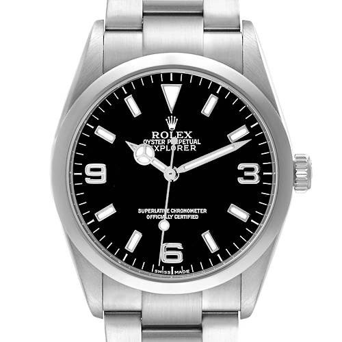 The Rolex Explorer 114270 Men's Stainless Steel Black Dial watch is shown from the front, displaying the dial, bezel, crown, and bracelet top links.