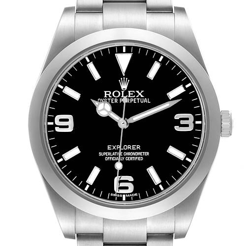 The Rolex Explorer 214270 Men's Stainless Steel Black Dial watch is shown from a front angle, detailing the dial, bezel, and part of the bracelet.