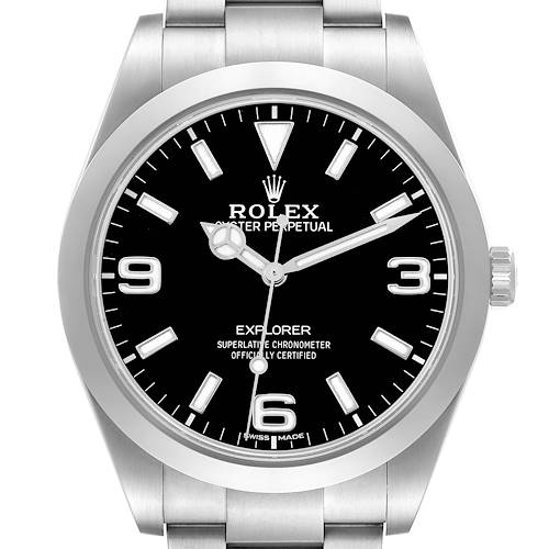 The image shows a front-facing view of a Rolex Explorer 214270 Men's Stainless Steel Black Dial watch, displaying the dial, hands, and part of the bracelet.