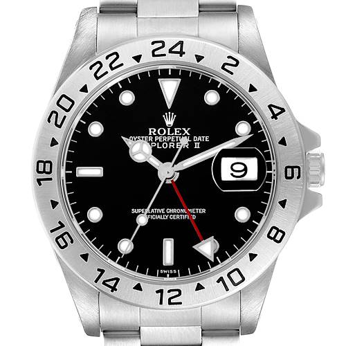 The Rolex Explorer 16570 Men's Stainless Steel Black Dial II watch is shown from a front angle, displaying the dial, bezel, and part of the bracelet.