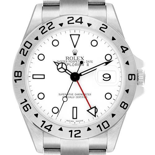 The Rolex Explorer 16570 Men's Stainless Steel White Dial II is shown from a front angle, displaying the dial, bezel, hands, and part of the bracelet.